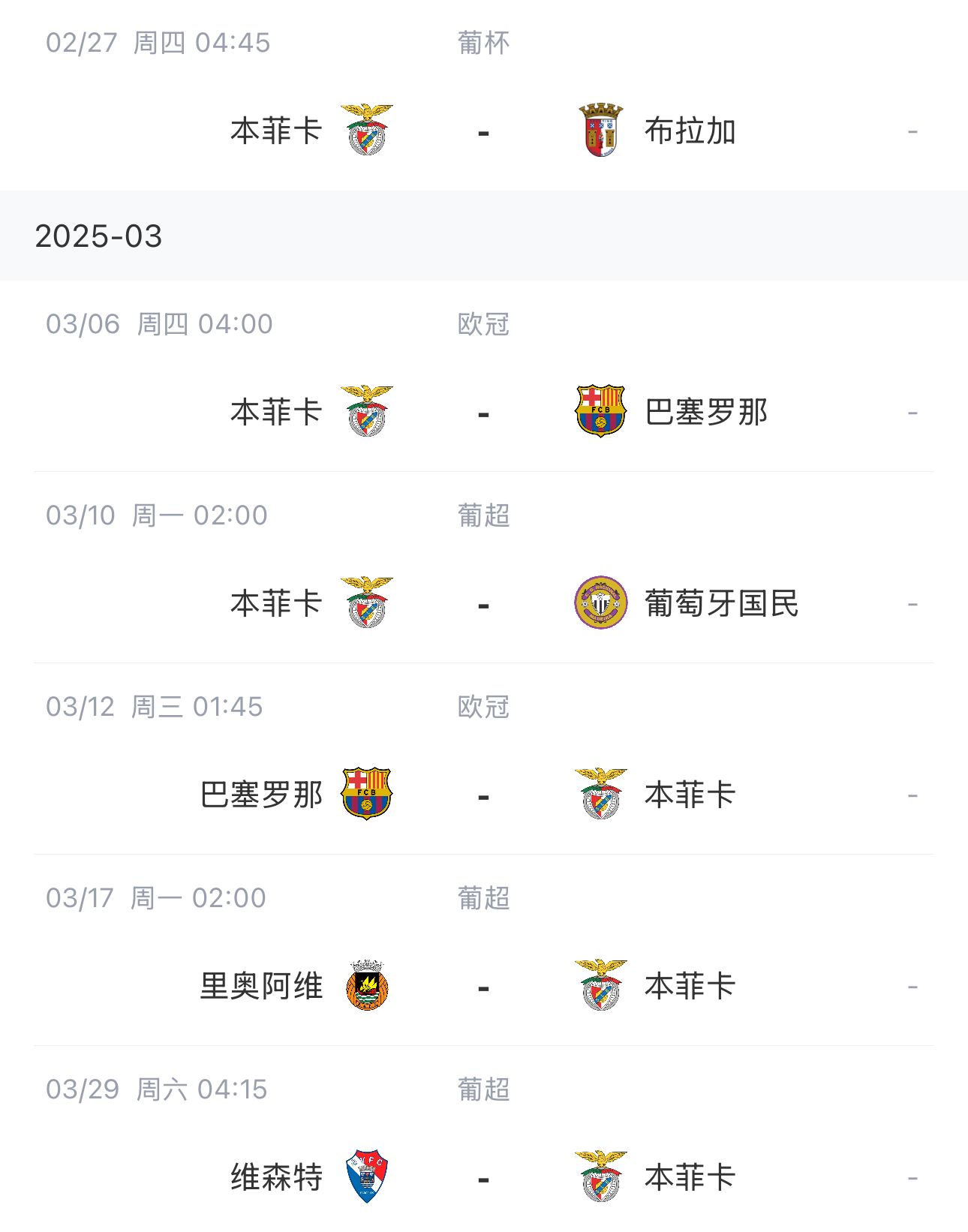  讓路歐冠！本菲卡戰(zhàn)巴薩首回合比賽前的葡超比賽推遲進(jìn)行